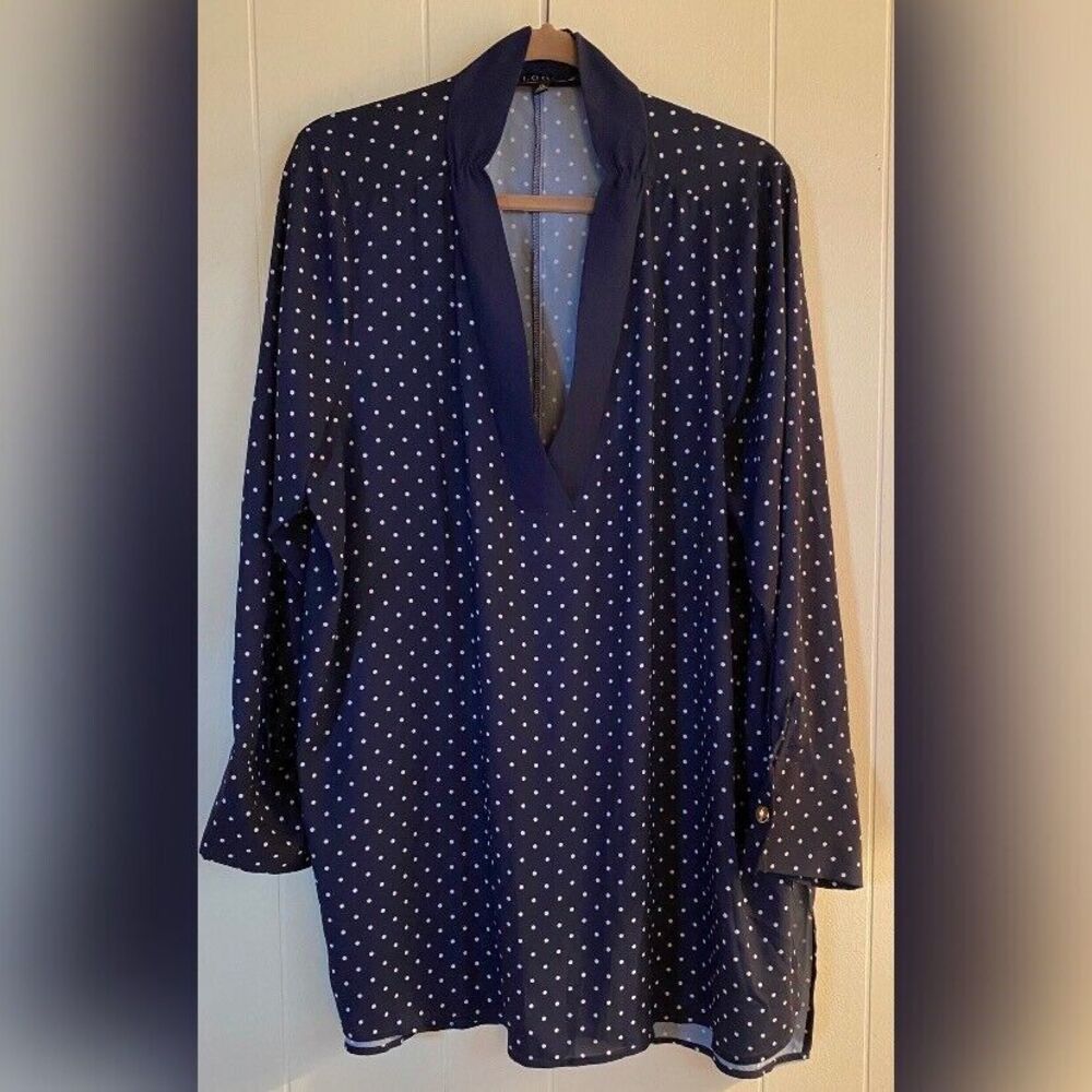 Eloquii Blouse Women’s 22 Blue V Neck White Polka Dot Tunic